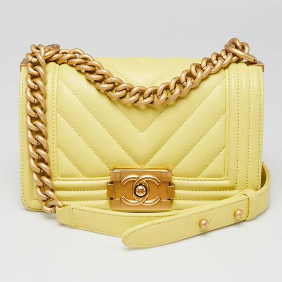 Chanel Yellow Chevron Quilted Lambskin Leather Small Boy Bag - Picture 1 of 9